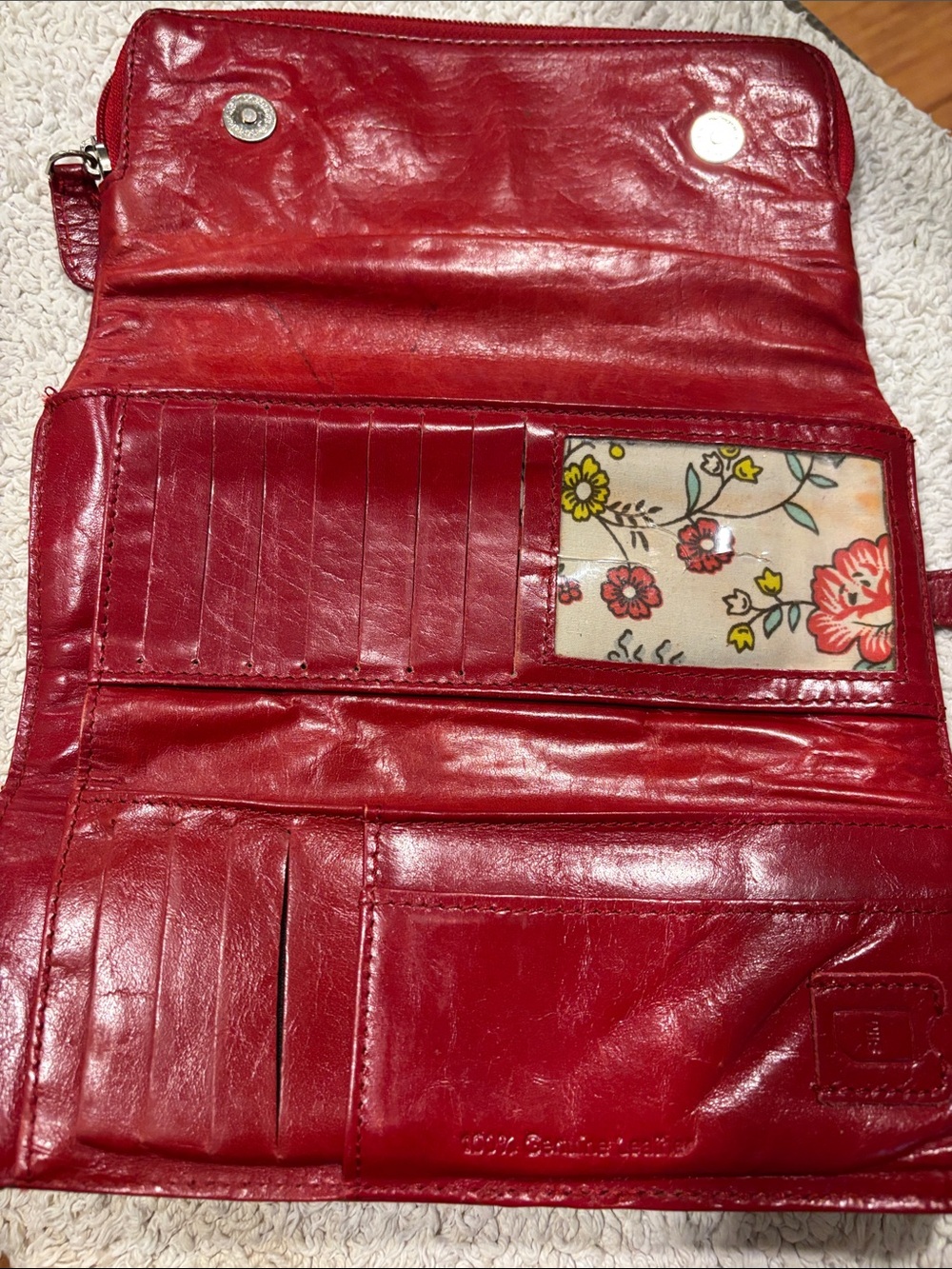 HOBO Red Women's 100 % Leather Wallet with Floral ID Window Magnetic Snaps